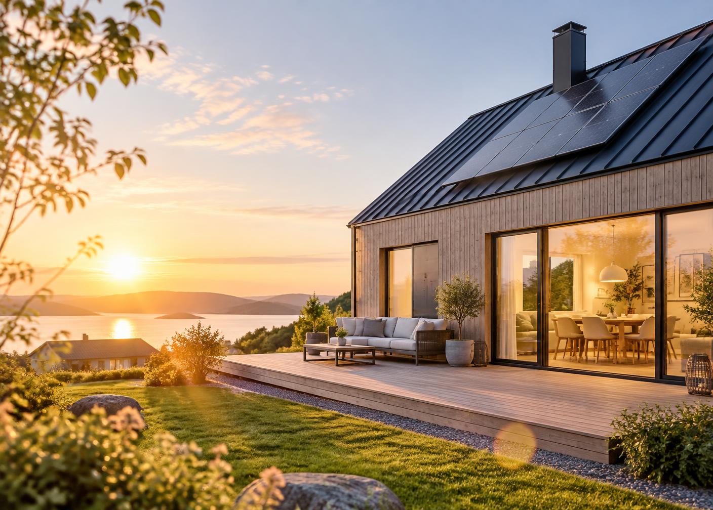 Villa i kvällssol med tända fönster och solpaneler på taket